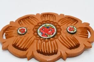Vintage Carved Bakelite Style Micro Mosaic Brooch Floral Design 2 1/2”
